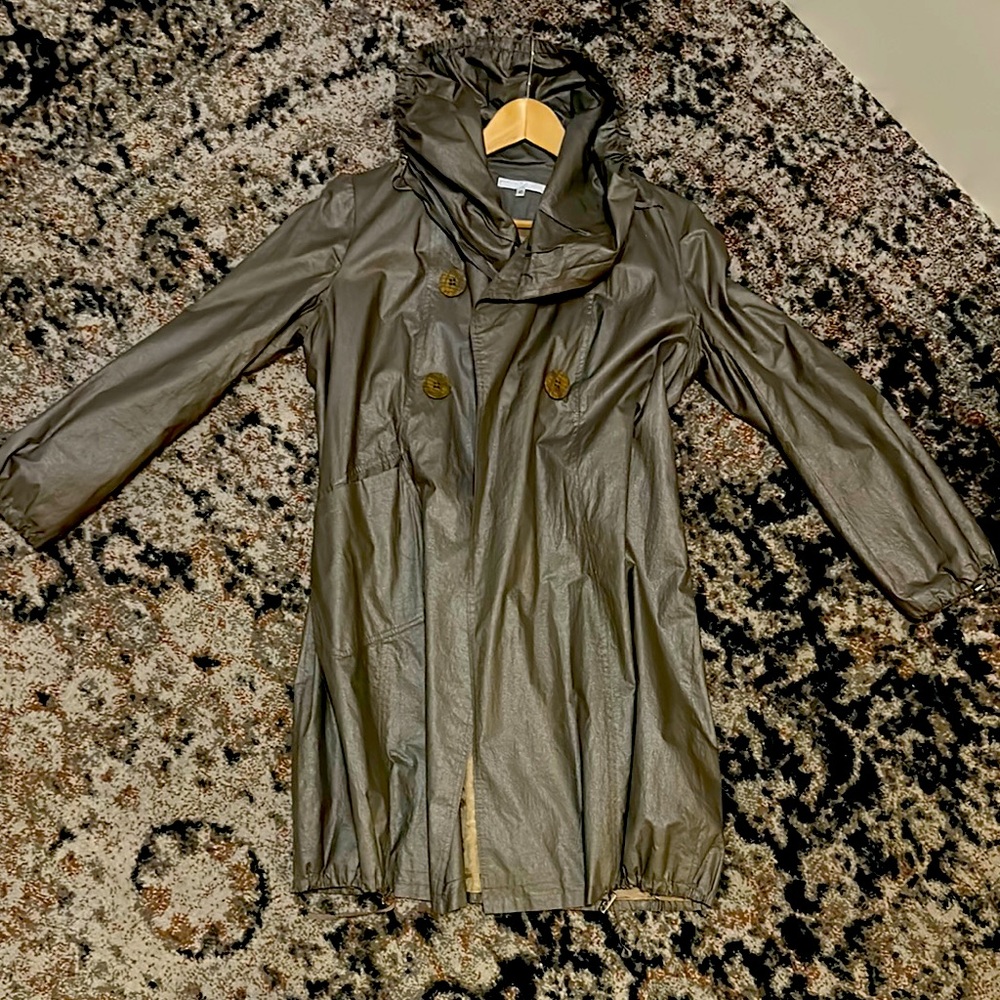 Woman’s Vintage Extenzo Paris, French silver metallic rain trench coat. Size 40